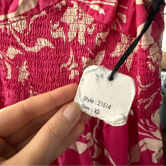 Japna NWT Pink and Cream Botanical Spaghetti Strap Smock Waist Midi Dress - Picture 4 of 8